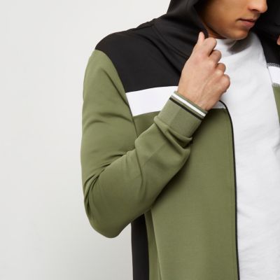Khaki green colour block sporty hoodie